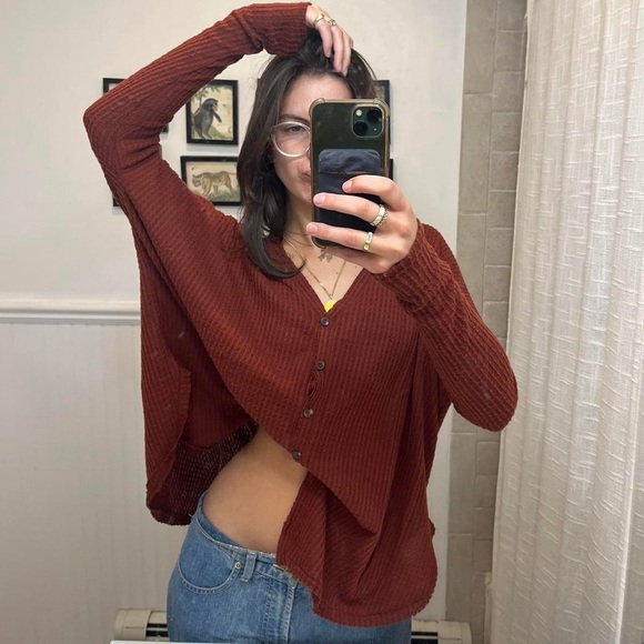 Out From Under UO Burgundy Thermal Knit Button Top - Picture 2 of 3